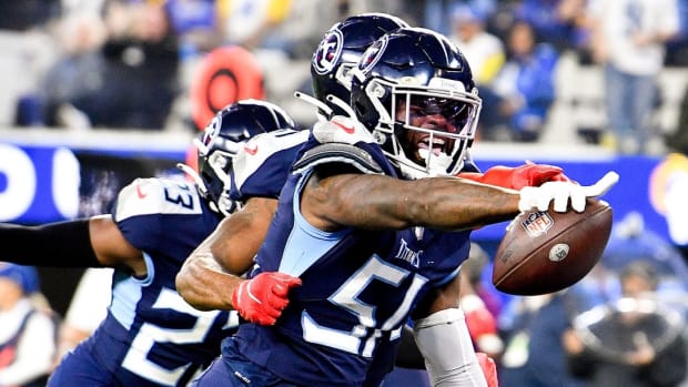 Tennessee Titans linebacker David Long Jr. (51) celebrates his interception during the second quarter at SoFI Stadium Sunday, Nov. 7, 2021 in Inglewood, Calif.